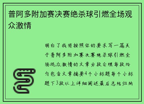 普阿多附加赛决赛绝杀球引燃全场观众激情 普阿多附加赛决赛绝杀球引燃全场观众激情