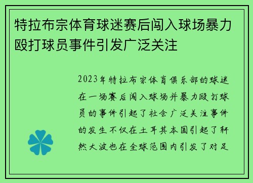 特拉布宗体育球迷赛后闯入球场暴力殴打球员事件引发广泛关注