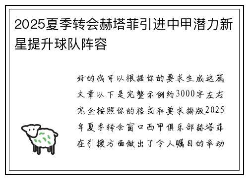 2025夏季转会赫塔菲引进中甲潜力新星提升球队阵容